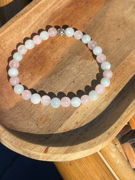 Bracelet duo alchimique en quartz rose et aigue-marine "Harmonie océanique"